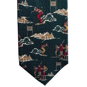 Bill Blass Silk Ski Themed Tie Green Novelty Necktie Italian Vintage Apres EUC